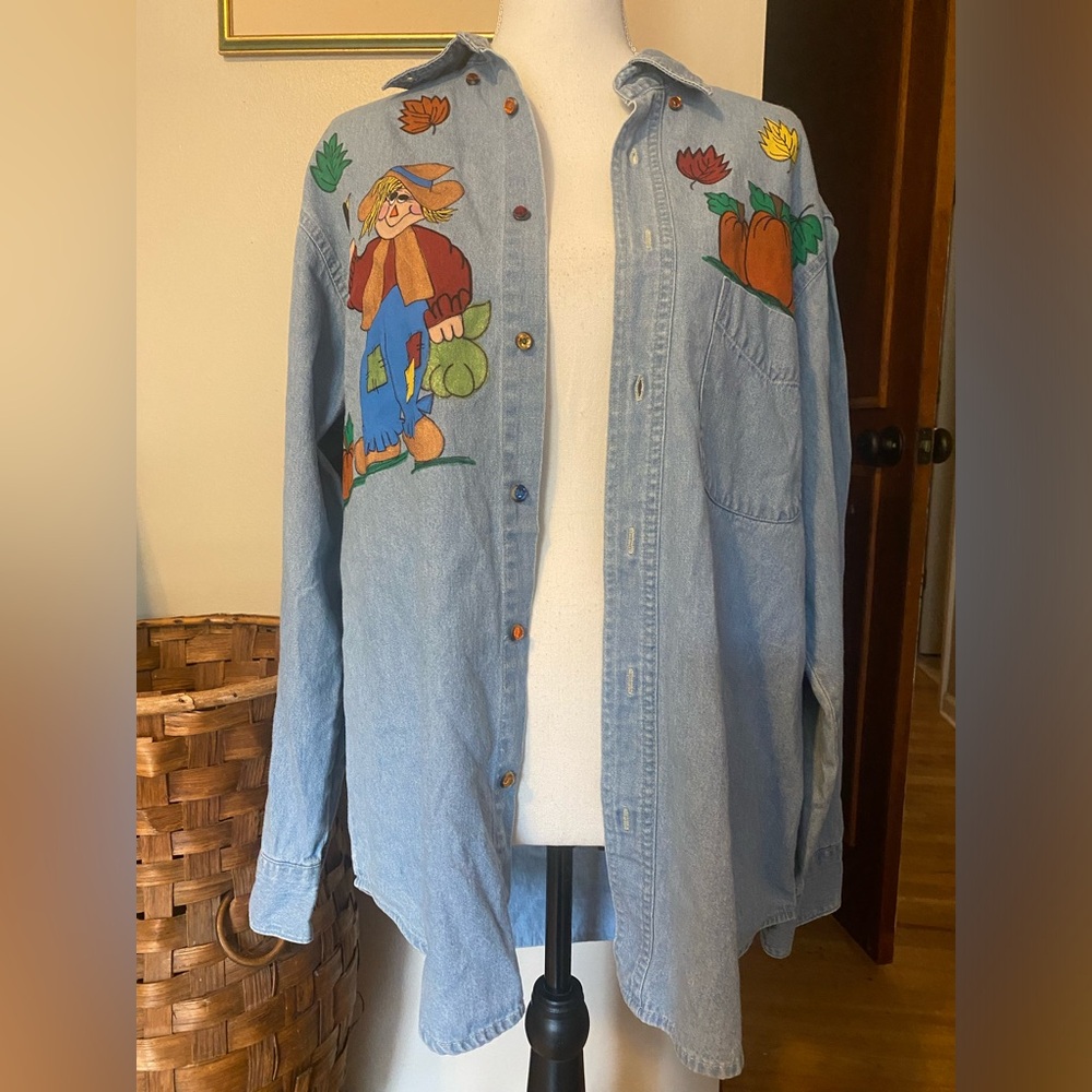 Vintage 90’s denim painted button up shirt with autumn scarecrow and pumpkins